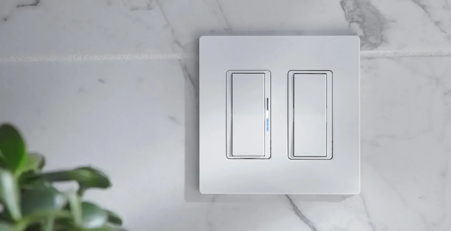 Close-up of a white twin light switch on a marble wall.
