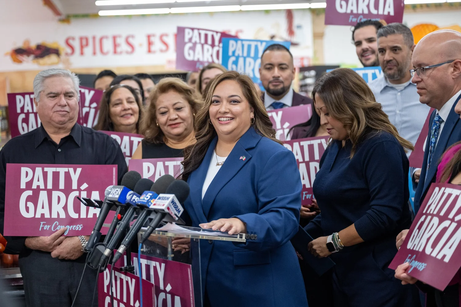 Patty García speaking at a press conference