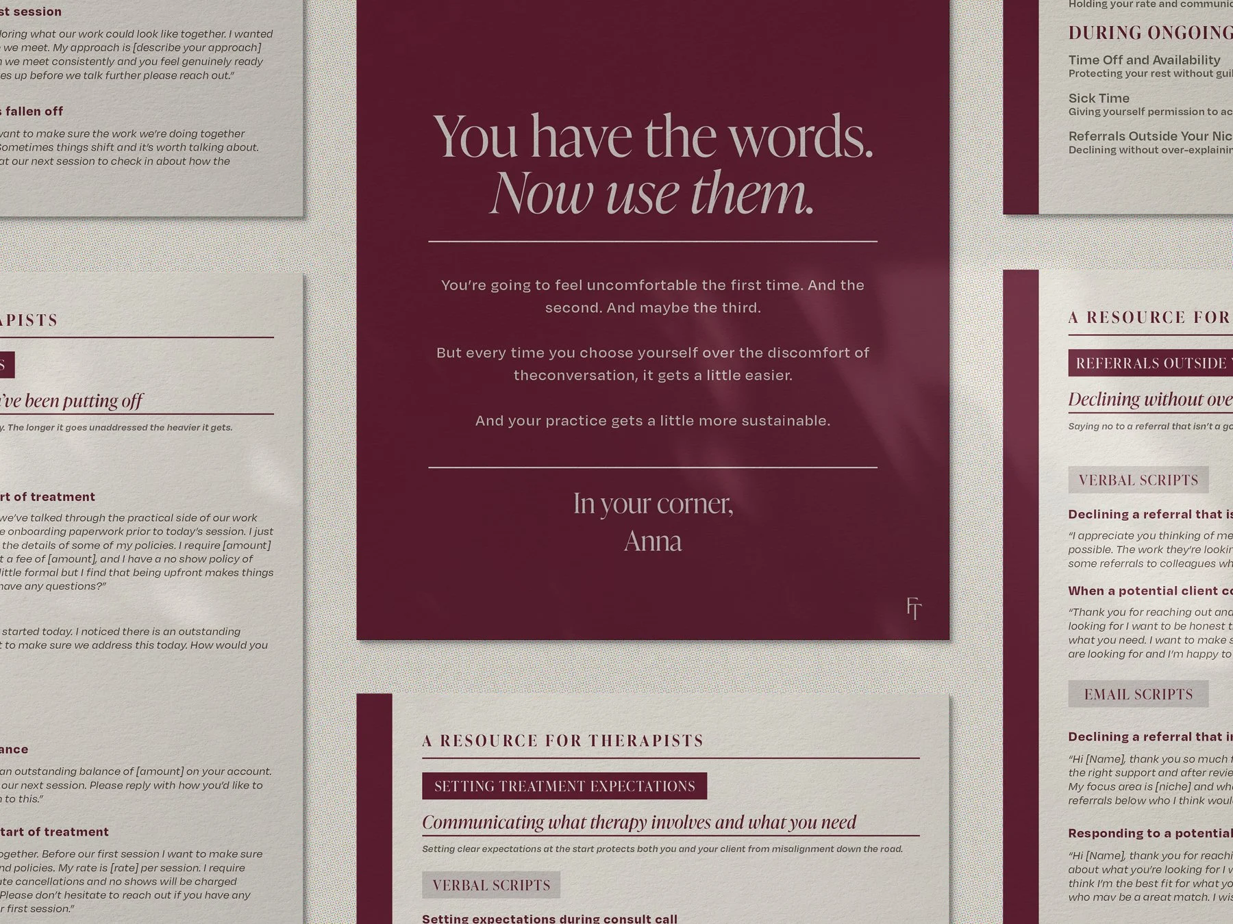 A centered, maroon-colored poster with white text that says: "You have the words. Now use them." It contains additional smaller text encouraging practice in communicating words comfortably and confidently, signed by Anna. Surrounding the poster are various sections of text on different topics related to therapy, treatment, and communication, with headers in uppercase and some in a darker maroon shade.