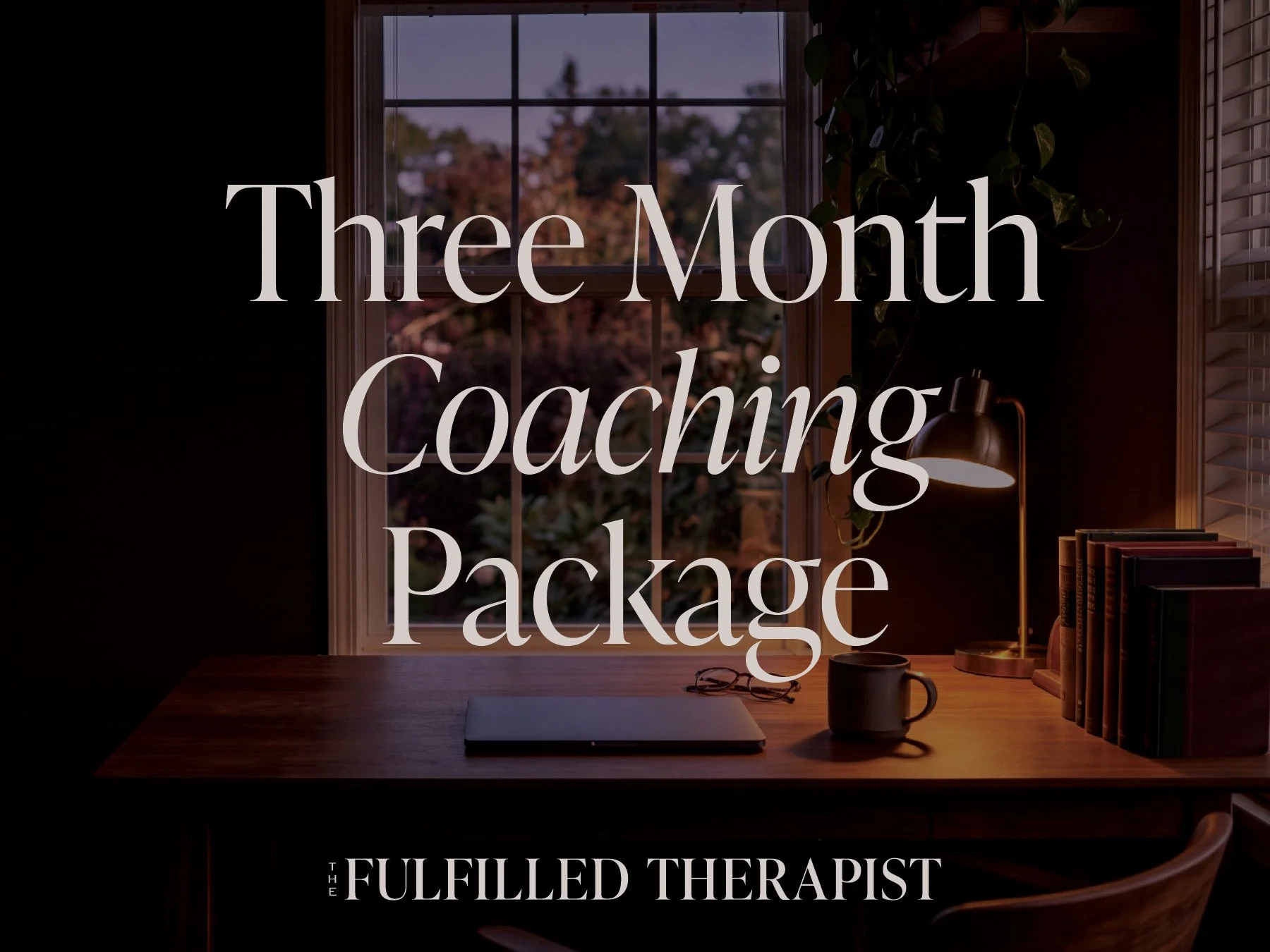 Bookkeeping setup with a wooden desk, open laptop, coffee mug, houseplants, books organized in a holder, a desk lamp, and a window showing outdoor trees at sunset.