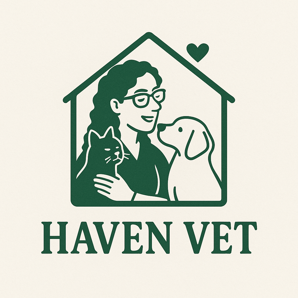Logo for Haven Vet showing a woman with glasses holding a cat and a dog inside a house outline with a heart at the top