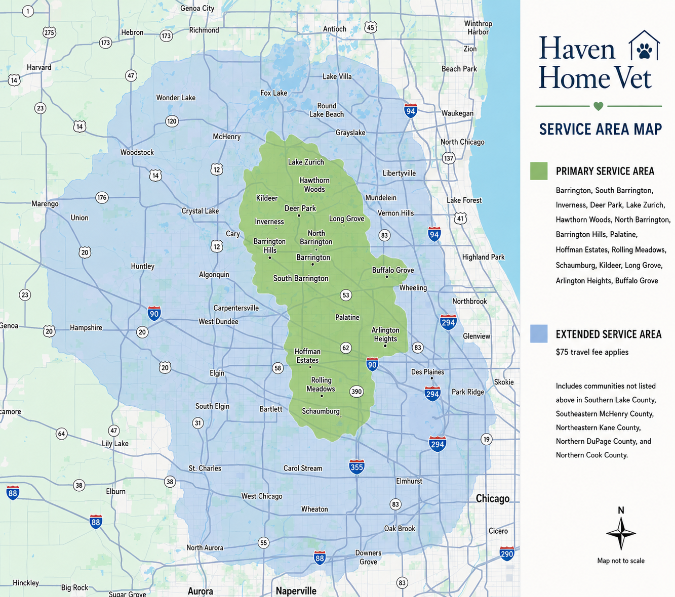 Service Area in Northwest Suburbs of Chicago. The primary service area includes: Barrington, South Barrington, Inverness, Deer Park, Lake Zurich, North Barrington, Barrington Hills, Palatine, Schaumburg, Arlington Heights, Buffalo Grove, and more