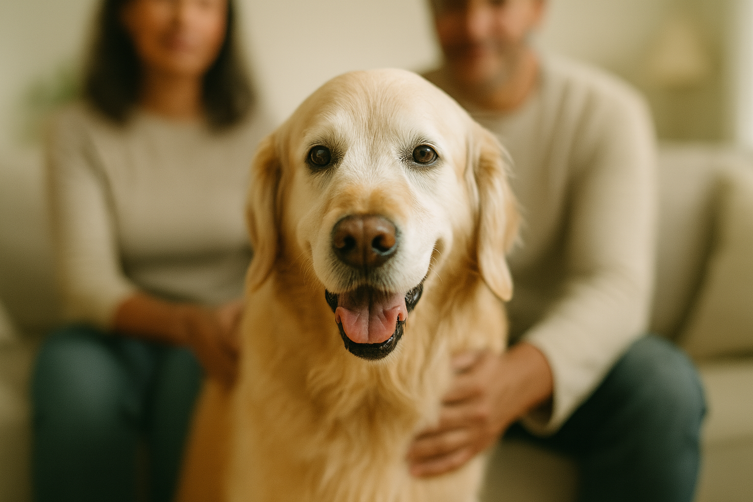 A happy yellow Labrador Retriever with its tongue out, sitting on a couch with two people sitting behind it, one woman and one man, blurred in the background.
