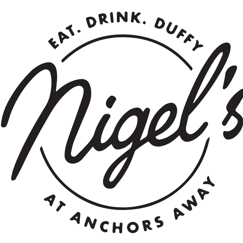 Logo for Nigel's with the tagline 'Eat. Drink. Duffy at Anchors Away' in a circular design.