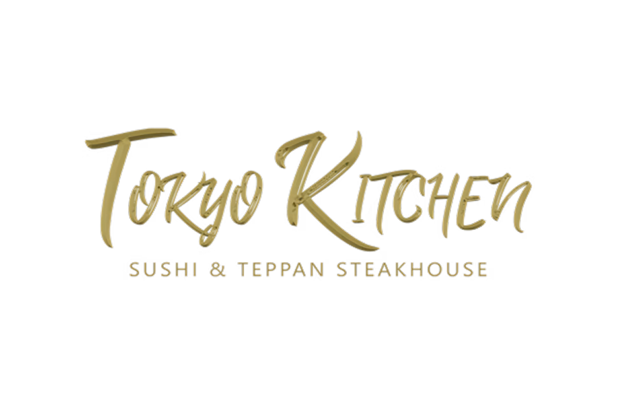 Logo for Tokyo Kitchen Sushi & Teppan Steakhouse with gold text on a black background.