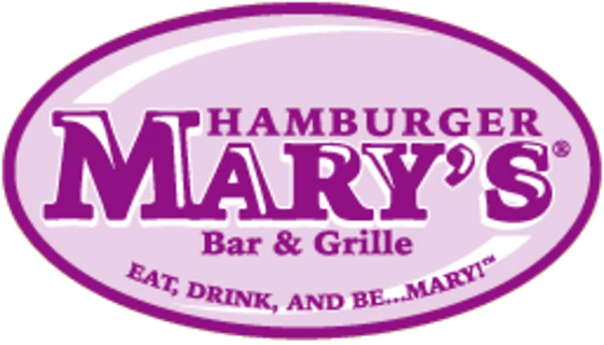 Logo of Mary’s Bar & Grille, a purple and white oval badge with the text "Hamburger Mary’s Bar & Grille" and the slogan "Eat, Drink, and Be...Mary!"