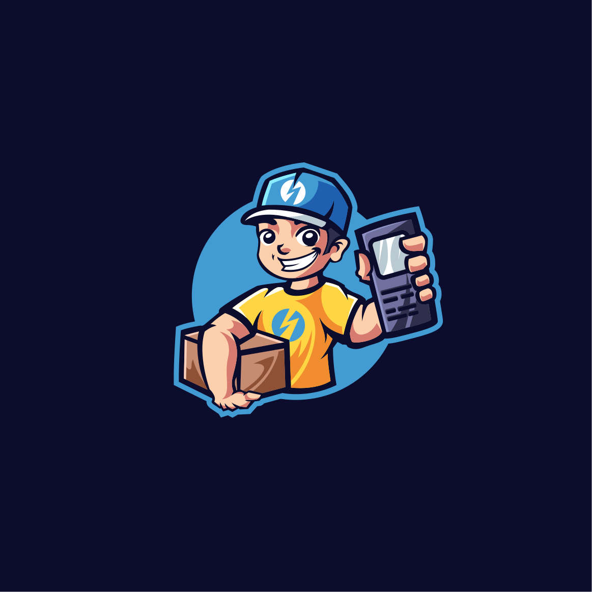 Cartoon character wearing a blue cap and yellow shirt, holding a box and a remote control, smiling.