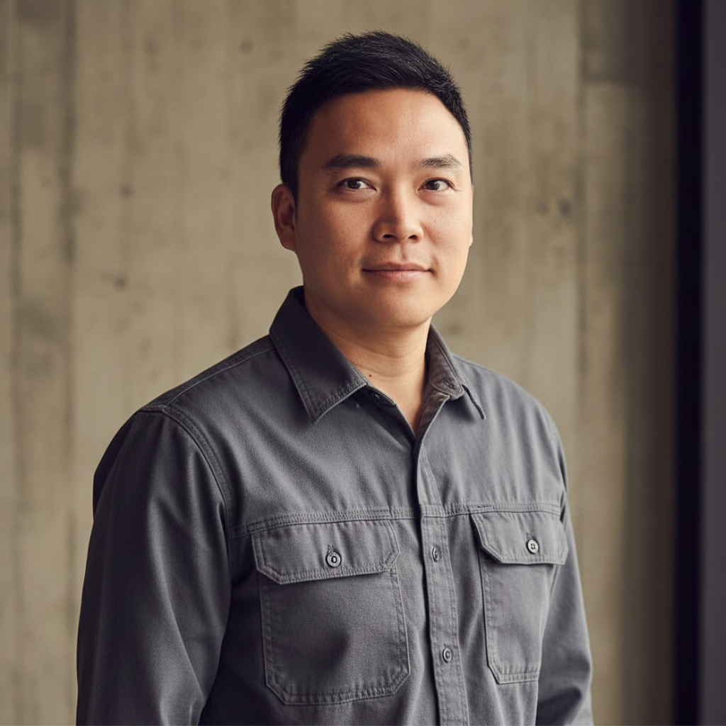 A young man with short black hair and light skin, wearing a dark gray button-up shirt, standing indoors against a concrete wall, looking at the camera with a slight smile.