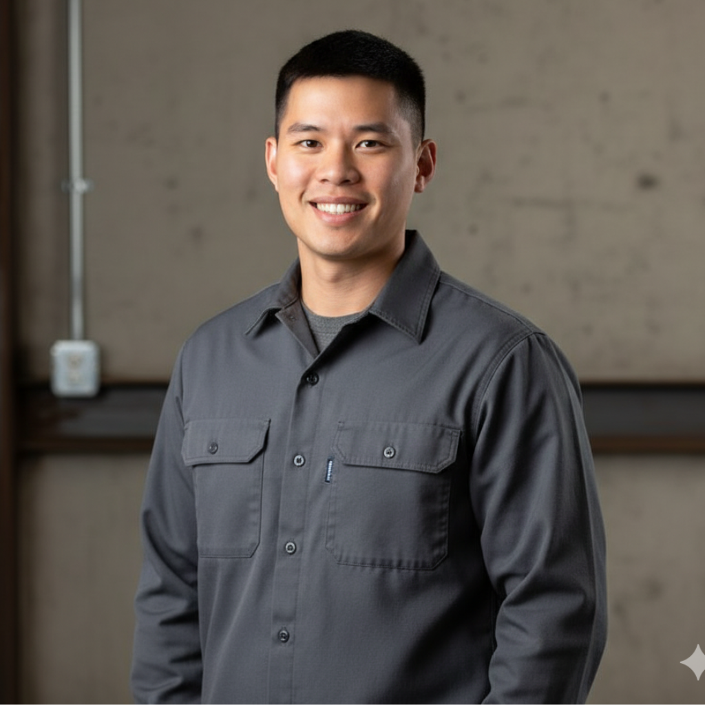 A young man with short black hair, smiling, wearing a dark gray button-up shirt, standing indoors against a neutral wall background.