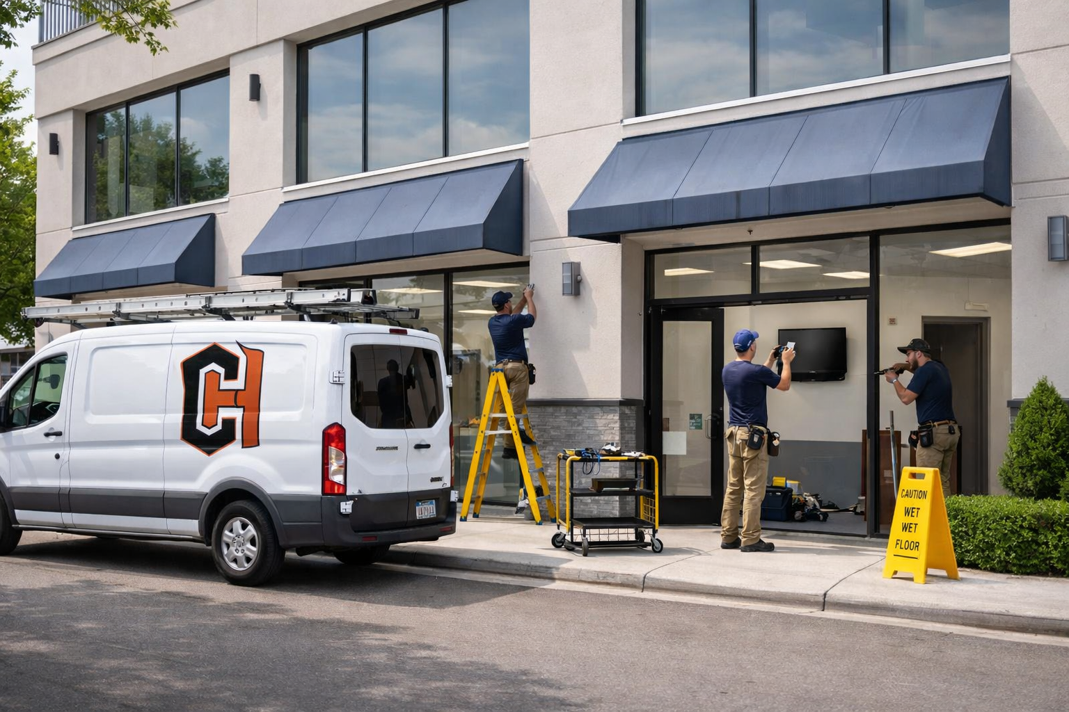 Three workers installing or repairing outdoor equipment on the exterior of a commercial building, with a white service van parked nearby, a yellow wet floor caution sign, and a large TV on the wall inside.