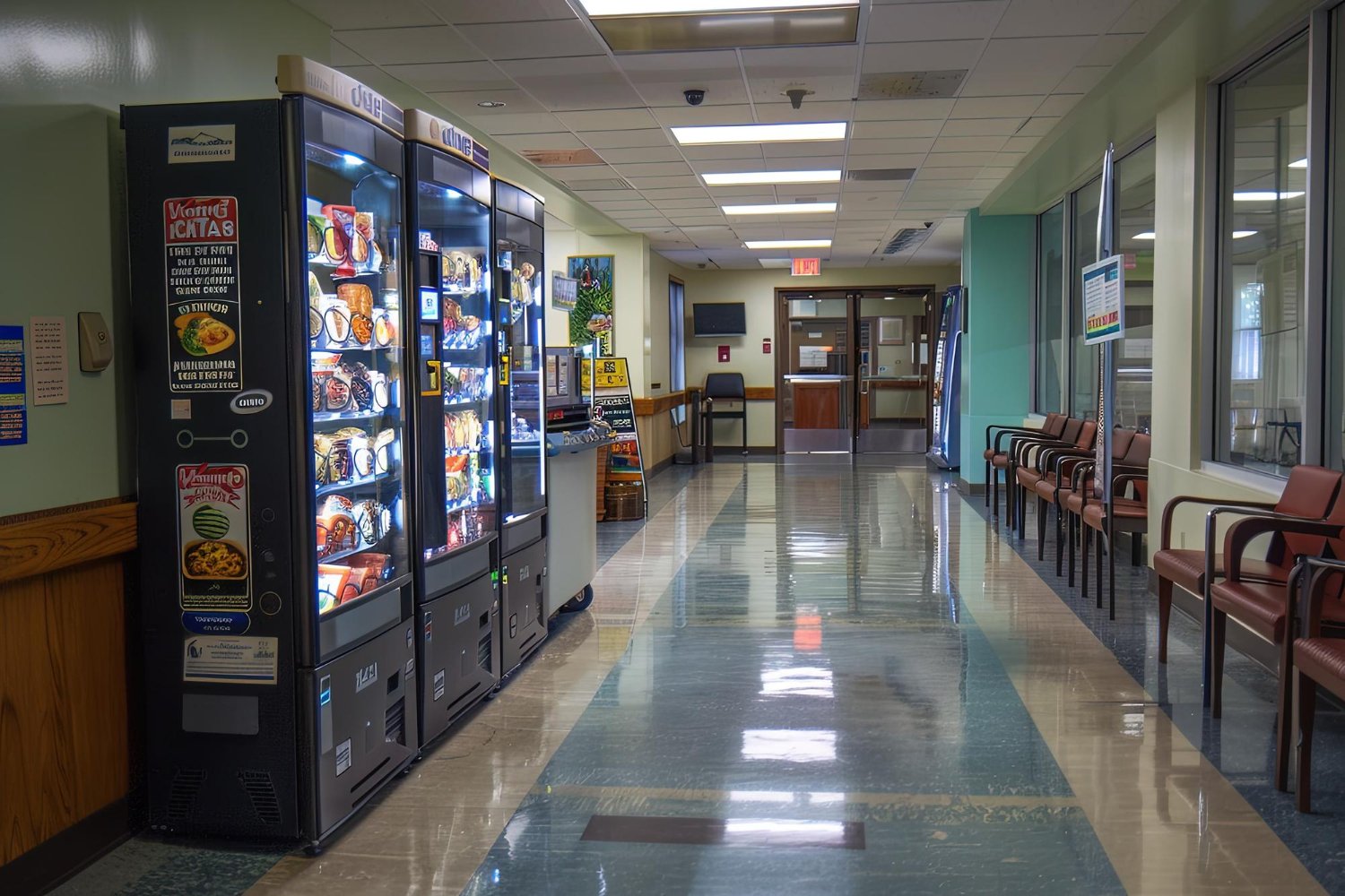 Lobby with vending machines on the left, chairs on the right, and a reception area in the background.
