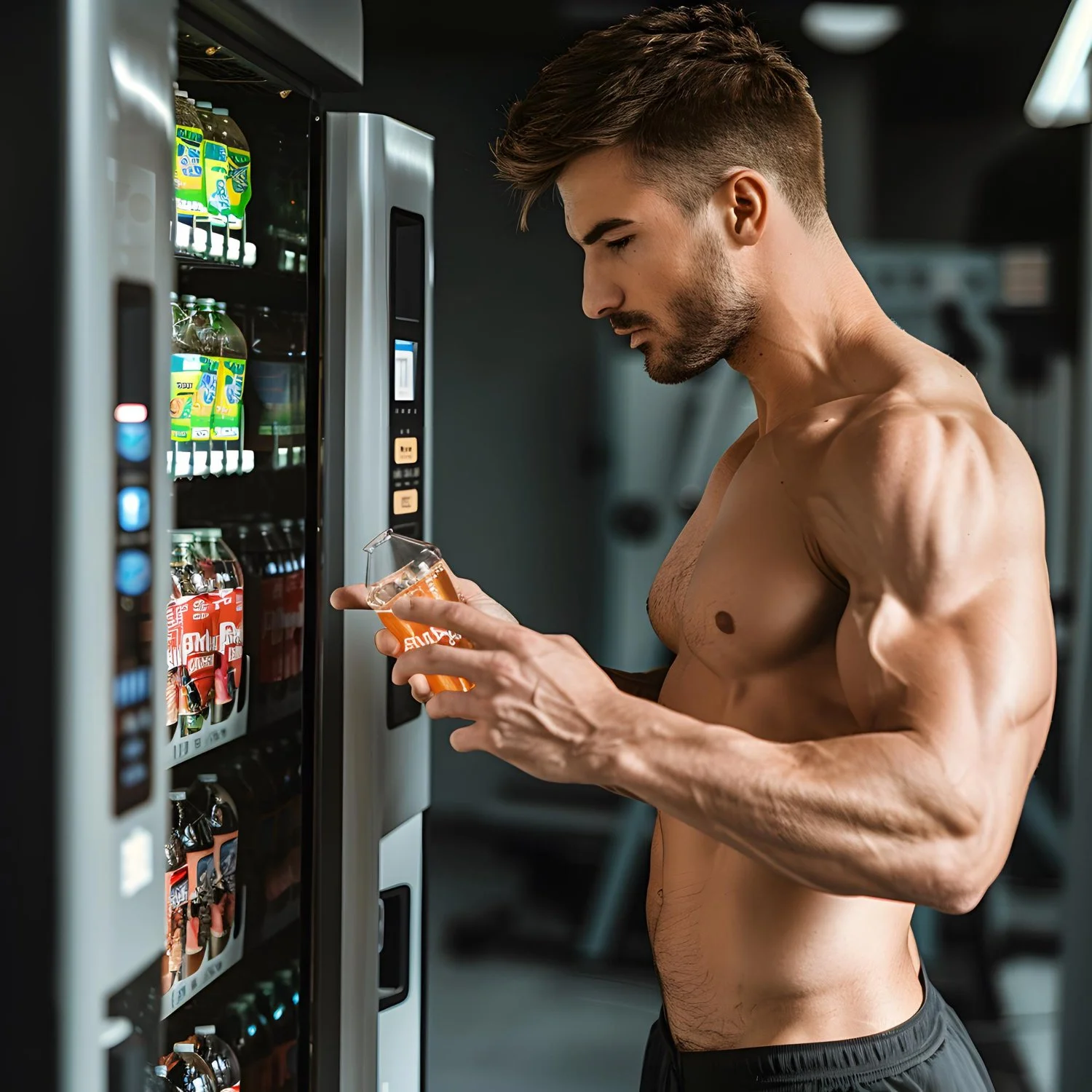 A shirtless man with a muscular build, short brown hair, and a beard, standing in front of a vending machine at the gym and holding a bottle of sports drink.