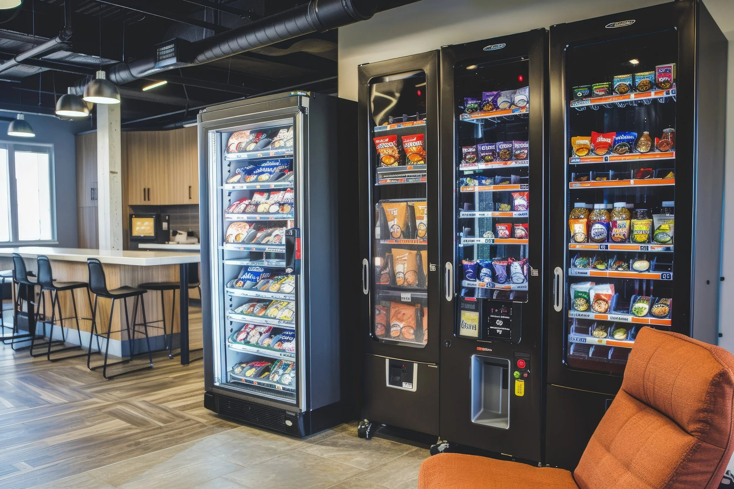 Inside a modern office or break room with vending machines stocked with snacks. Multiple vending machines display various snack packages. There are black bar stools around a counter and a brown armchair in the corner near the vending machines. Large windows and industrial ceiling pipes are visible.
