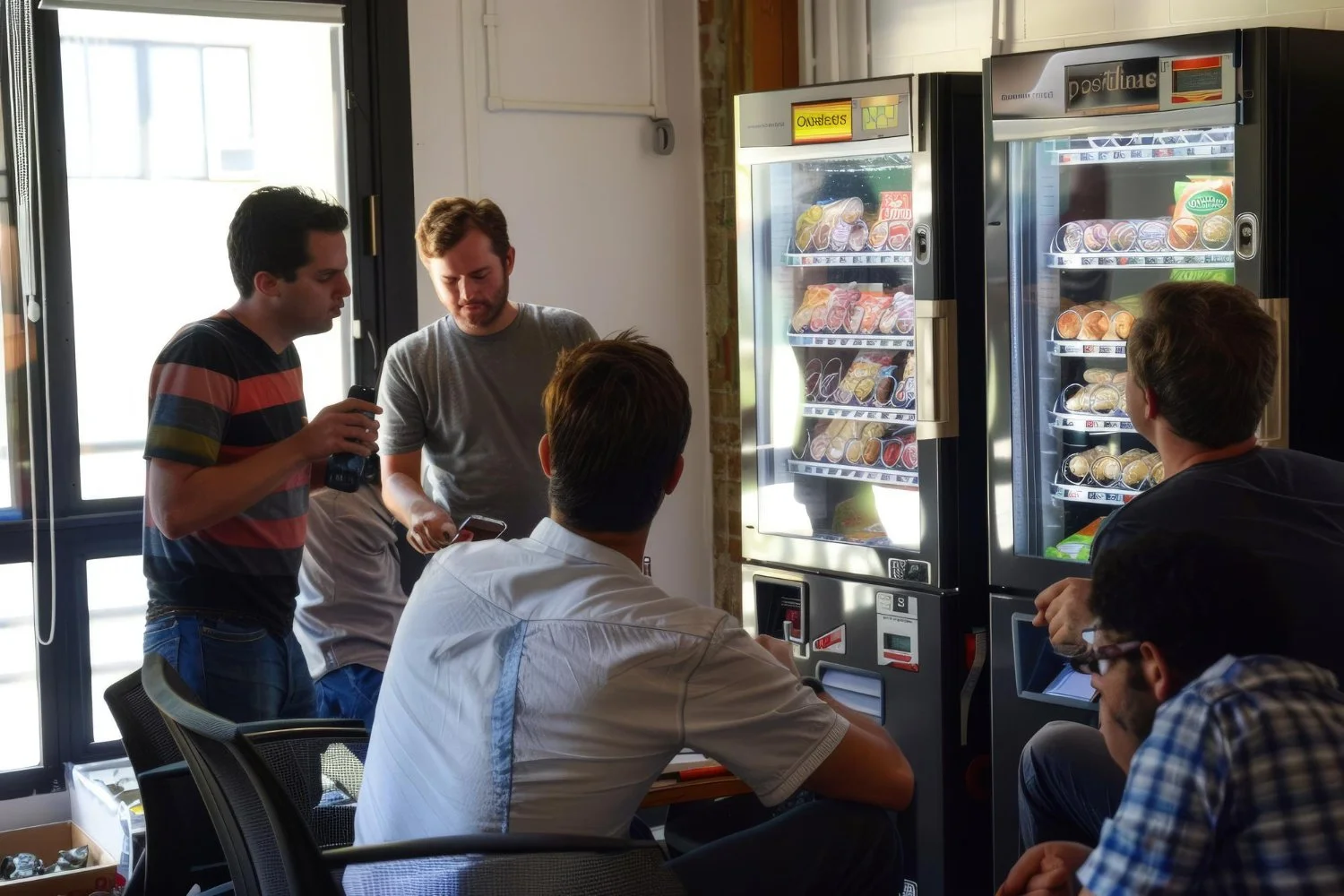 Group of five young men in a casual indoor setting near a vending machine, some seated and some standing, with sunlight coming through windows.