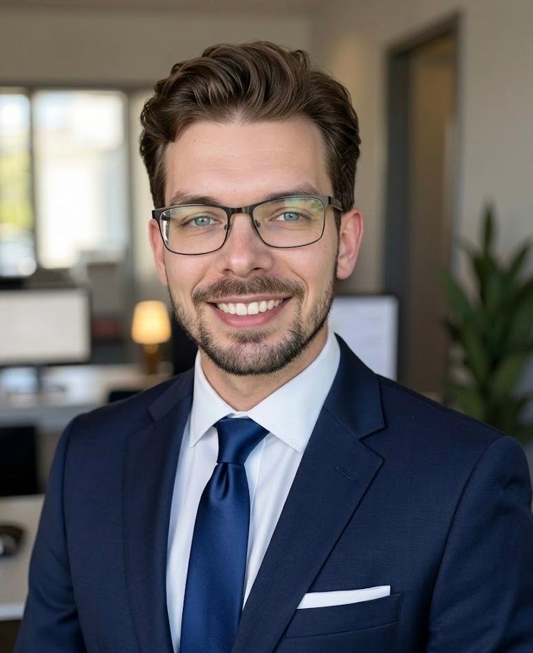 A smiling man with brown hair, wearing glasses, a dark blue suit, white shirt, and navy tie, in a modern office setting.