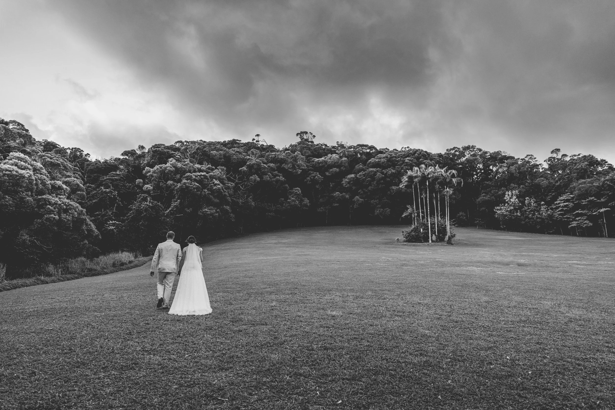 A black and white photo of a bride and groom walking on a grassy field, with a wooded hillside and dramatic cloudy sky in the background.