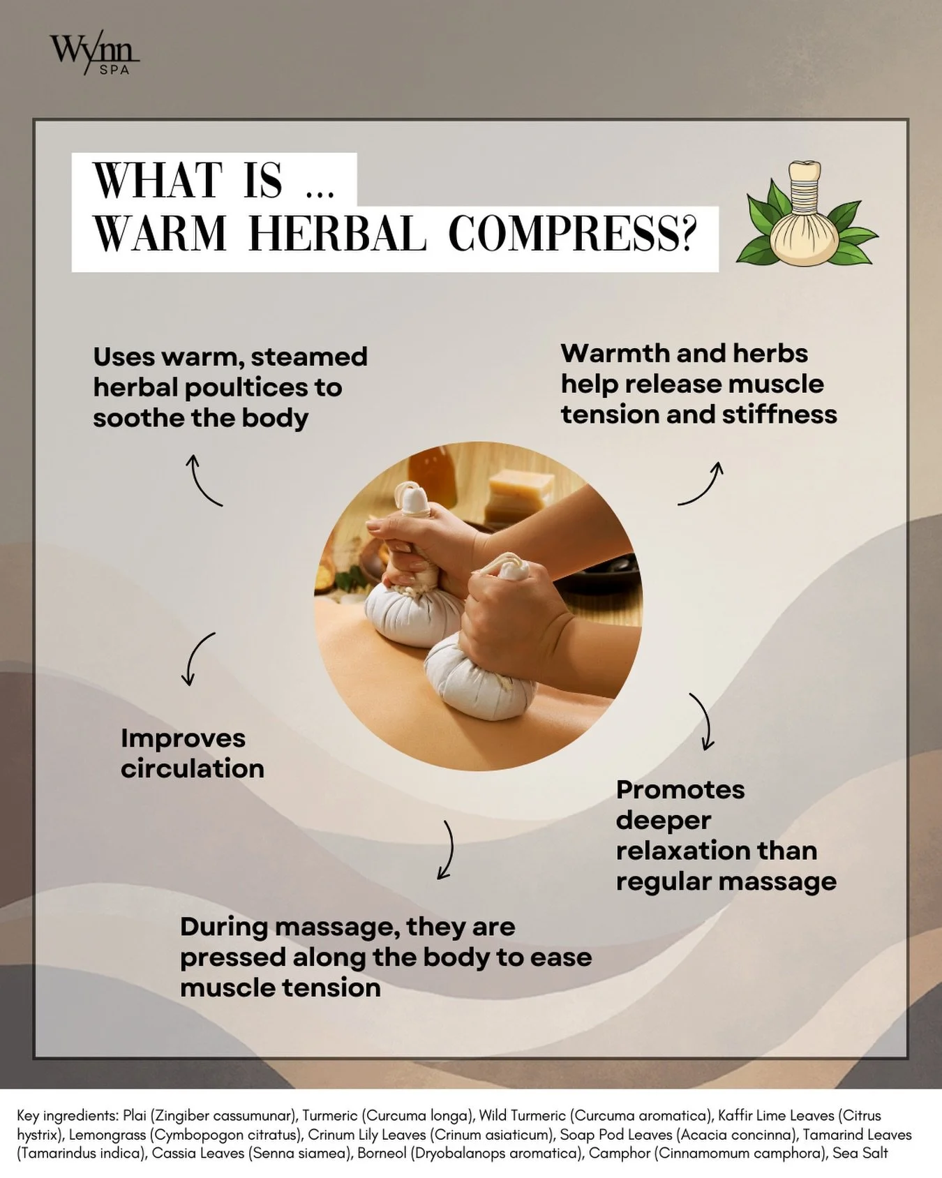 An aromatic blend of Thai herbs ball -gently pressed along the body to ease muscle tension, improve circulation, and restore natural balance. The gentle heat relaxes muscles and improved soreness. 🌿