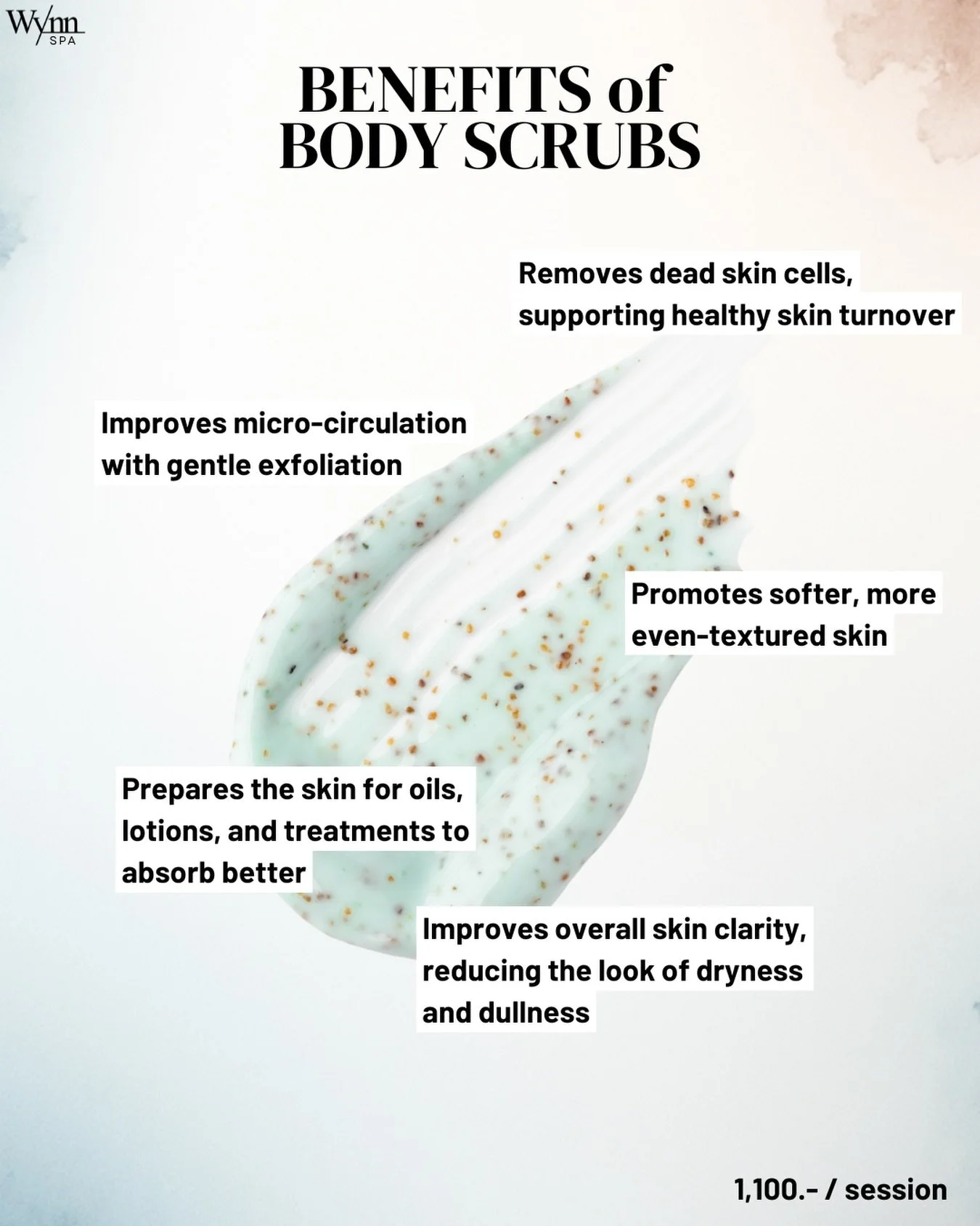 Wynn Spa body scrub uses delicate exfoliation technique that smooths and brightens the skin, leaving the body feeling soothed, refreshed, and softened. Perfect for a quick glow-up before any occasion.