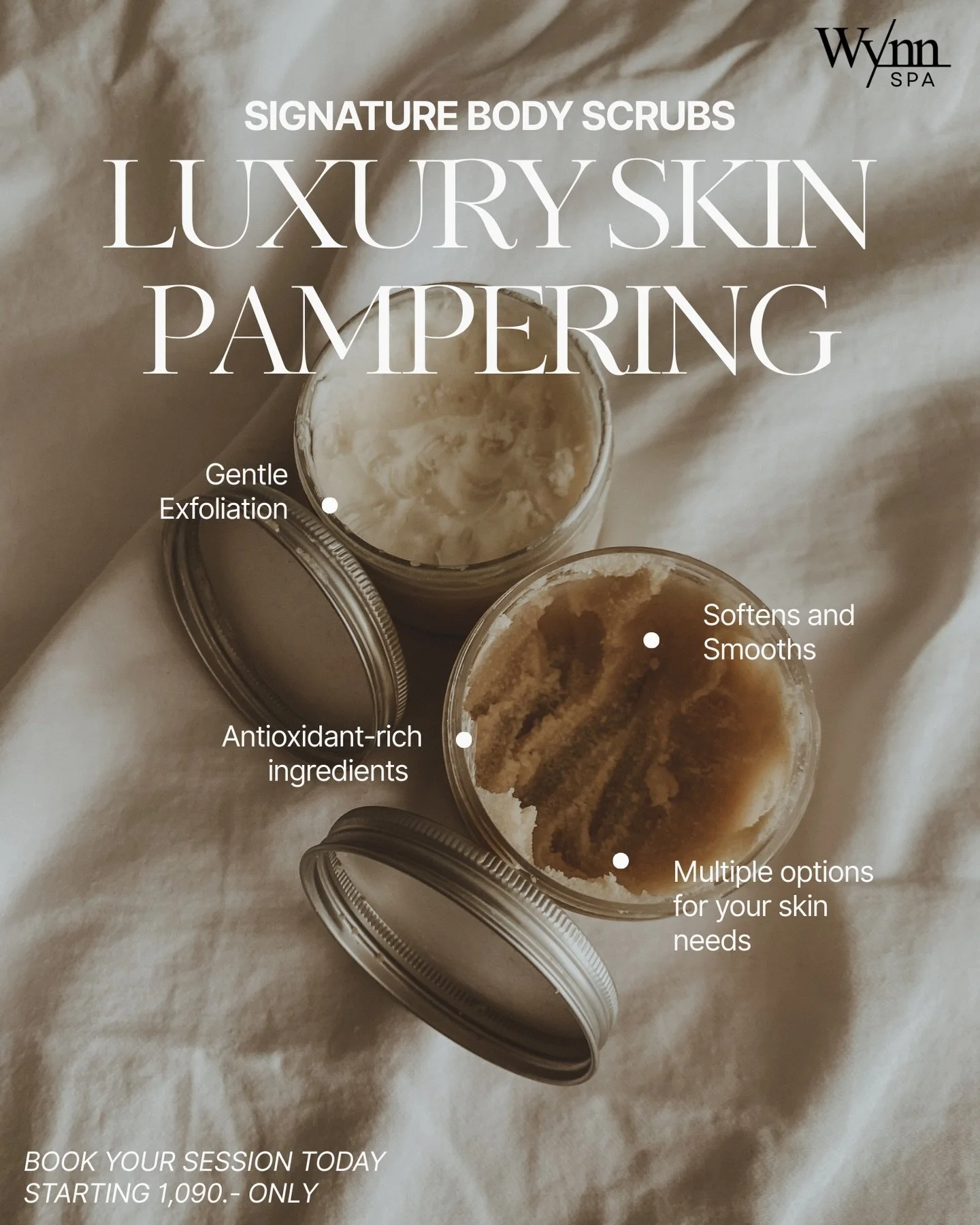 Polish your glow, elevate your relaxation ✨

Wynn Spa Body Scrub Packages are designed to renew your skin and reset your body &mdash; whether you choose to indulge in a scrub alone, or elevate the experience with add on Aroma Oil Massage or Deep Tiss