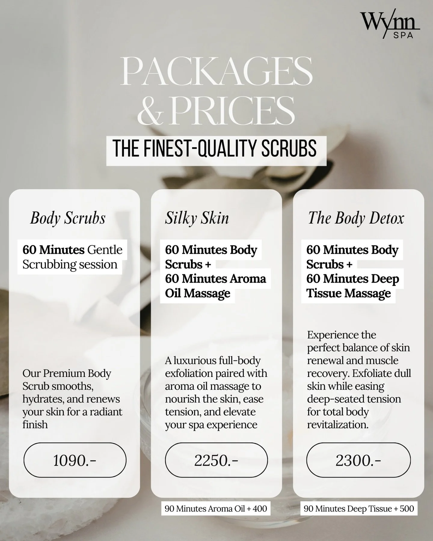 Polish your glow, elevate your relaxation ✨

Wynn Spa Body Scrub Packages are designed to renew your skin and reset your body &mdash; whether you choose to indulge in a scrub alone, or elevate the experience with add on Aroma Oil Massage or Deep Tiss