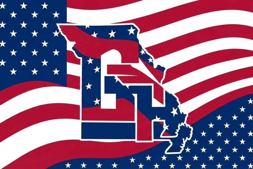A graphic featuring the outline of the state of Missouri filled with the American flag pattern and GH, overlapping a waving American flag background.