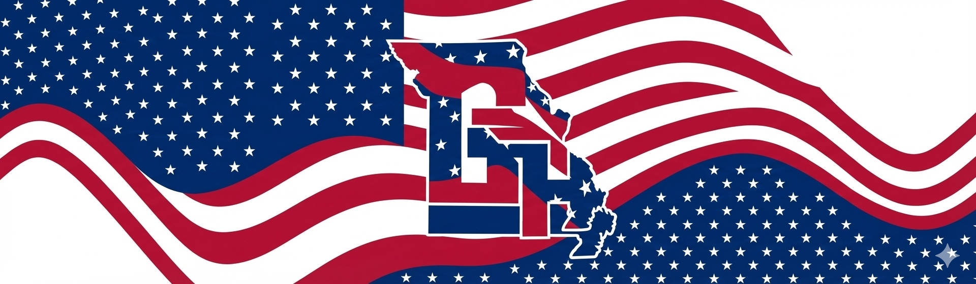 A stylized graphic of the American flag with wavy red and white stripes, and a blue field with white stars. Overlaid on the flag is a map outline of the state of Missouri with the letters 'GH' inside it, colored in red, white, and blue.
