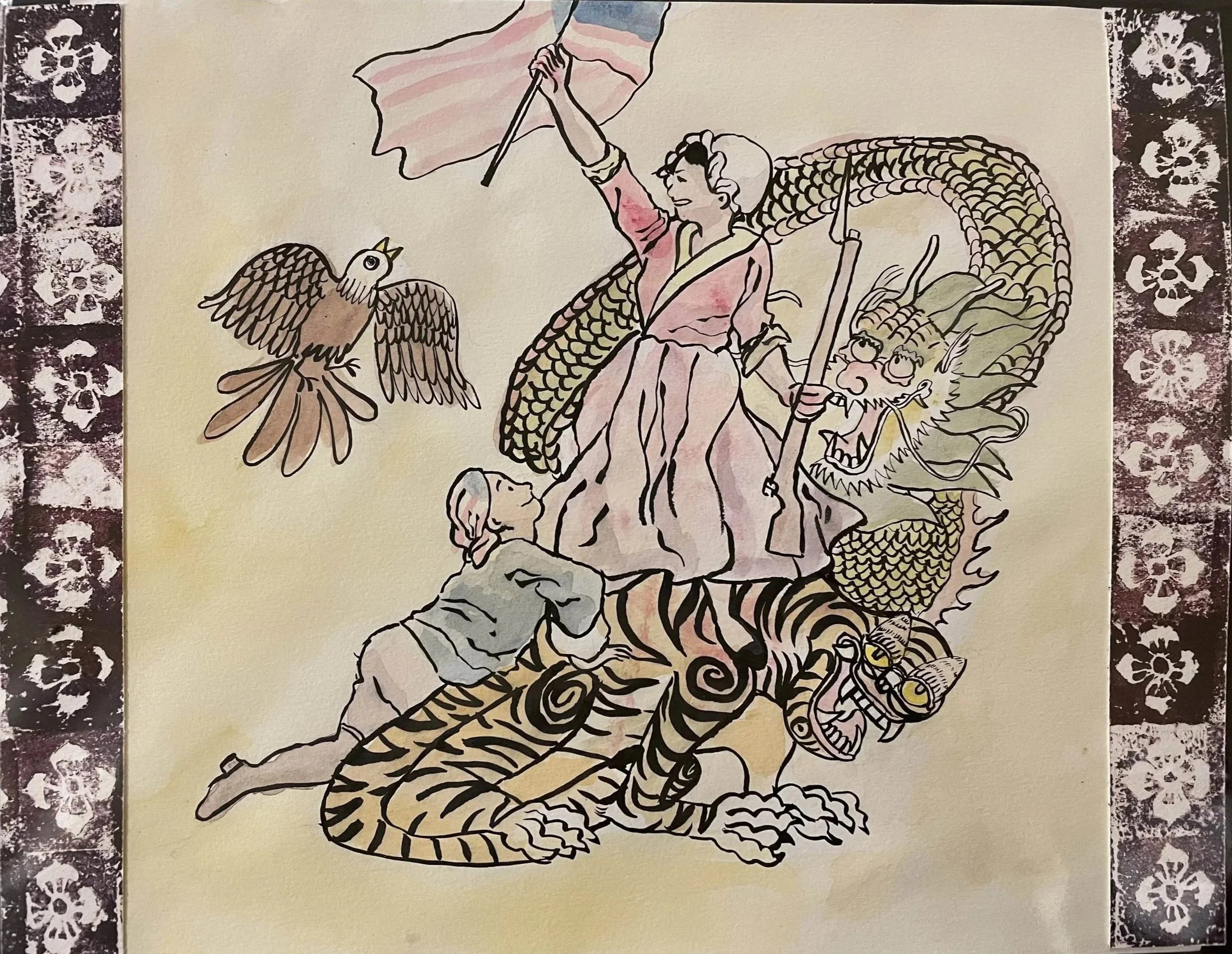 Watercolor and ink on paper. Linoleum block print borders. 2019