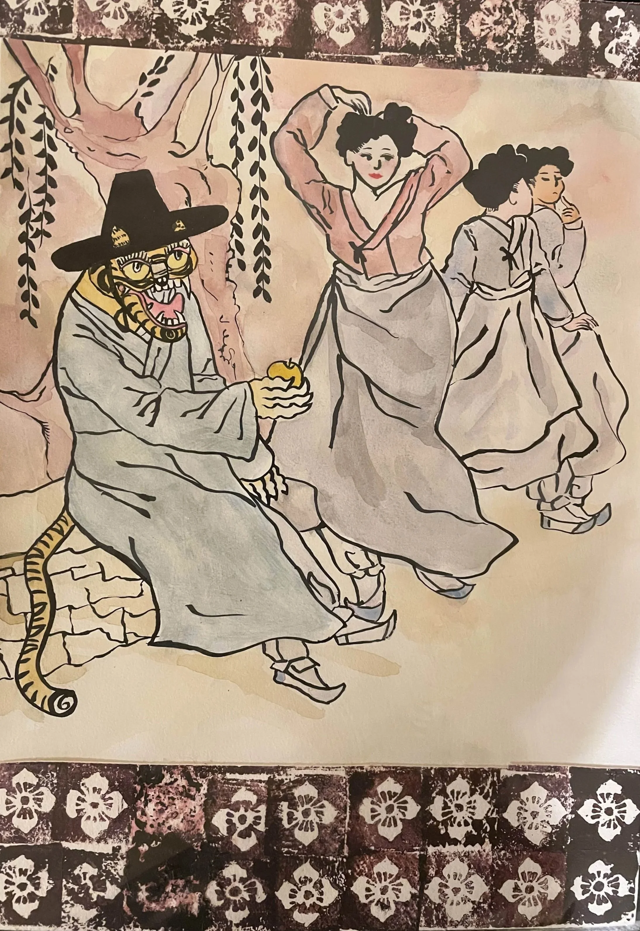 Watercolor and ink on paper. Linoleum block print borders. 2019