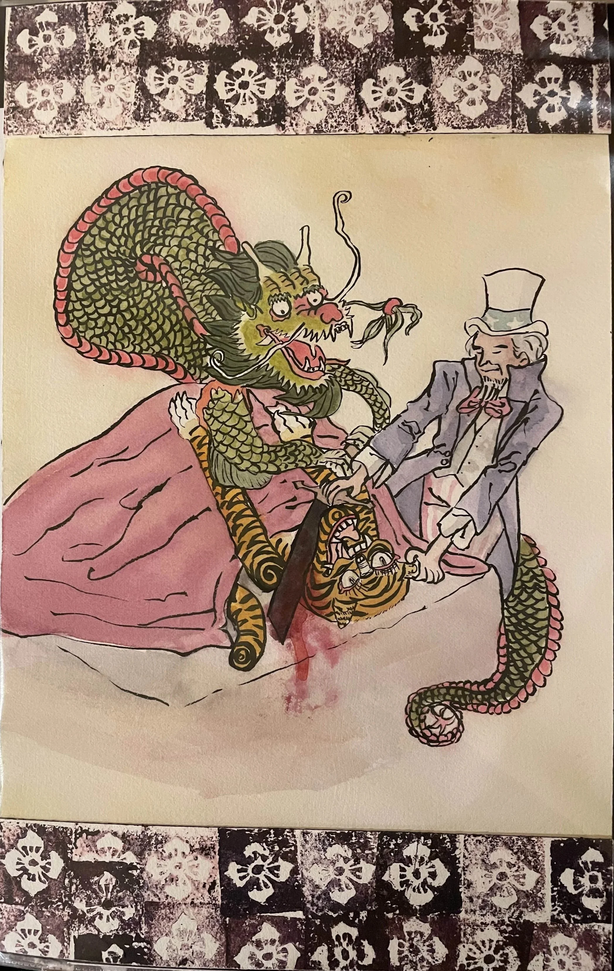 Watercolor and ink on paper. Linoleum block print borders. 2019