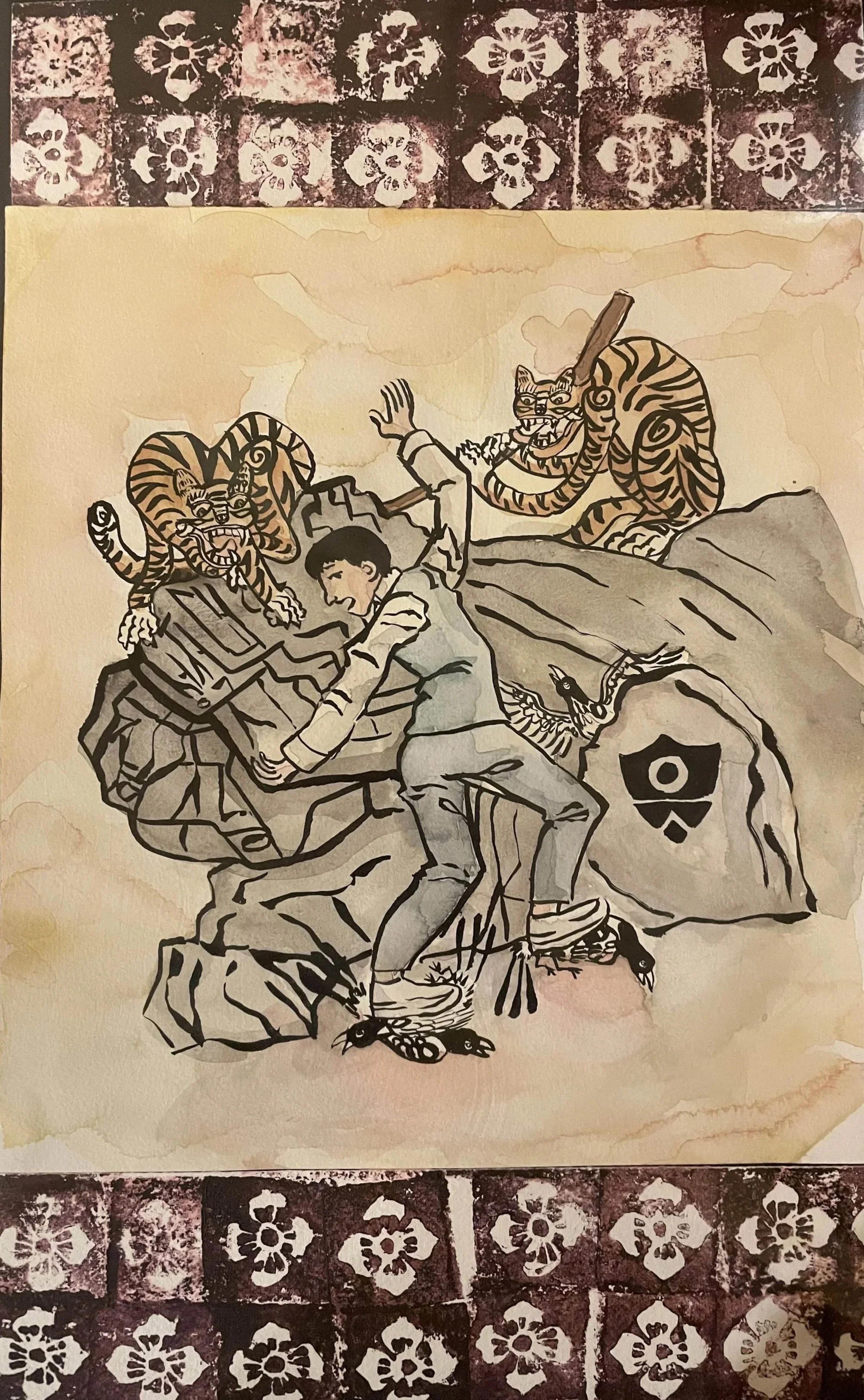 Watercolor and ink on paper. Linoleum block print borders. 2019