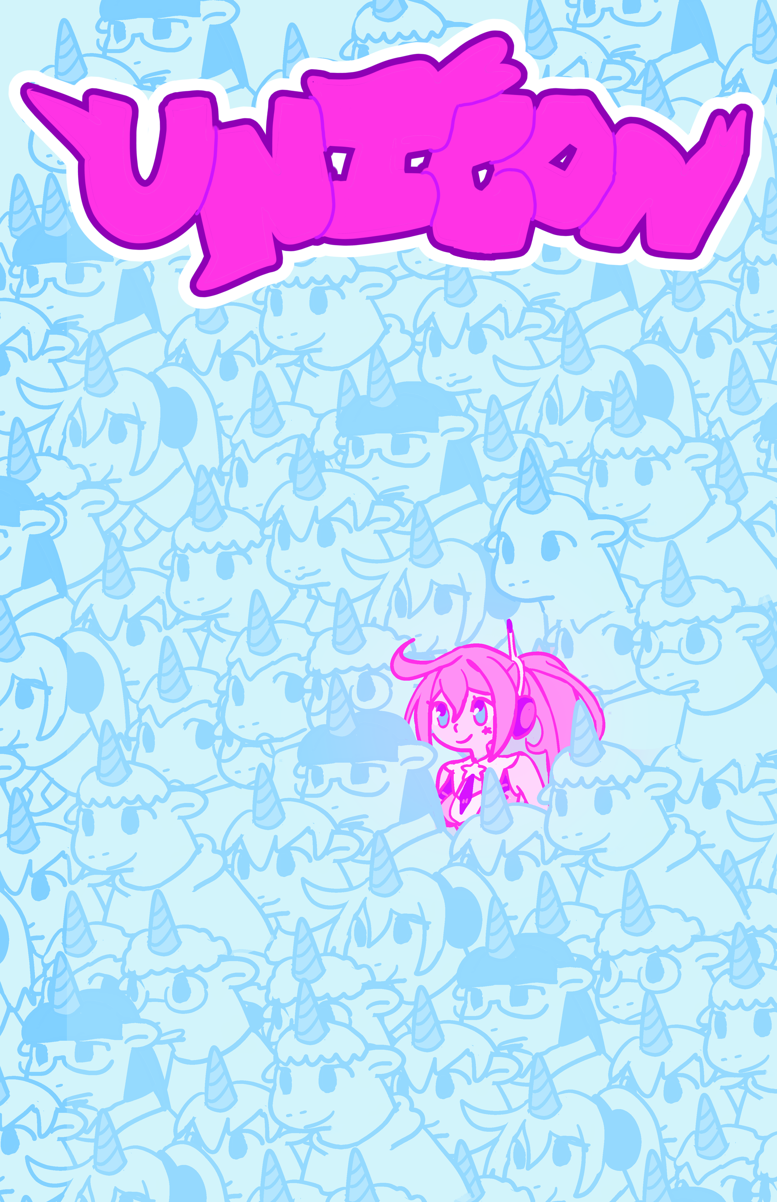 A polished version of the first. 
I wanted to simply see how this would look theoretically, so I drew some unicorns and duplicated them across the graphic. I knew there needed to be information on the convention, but I also felt that there was someth