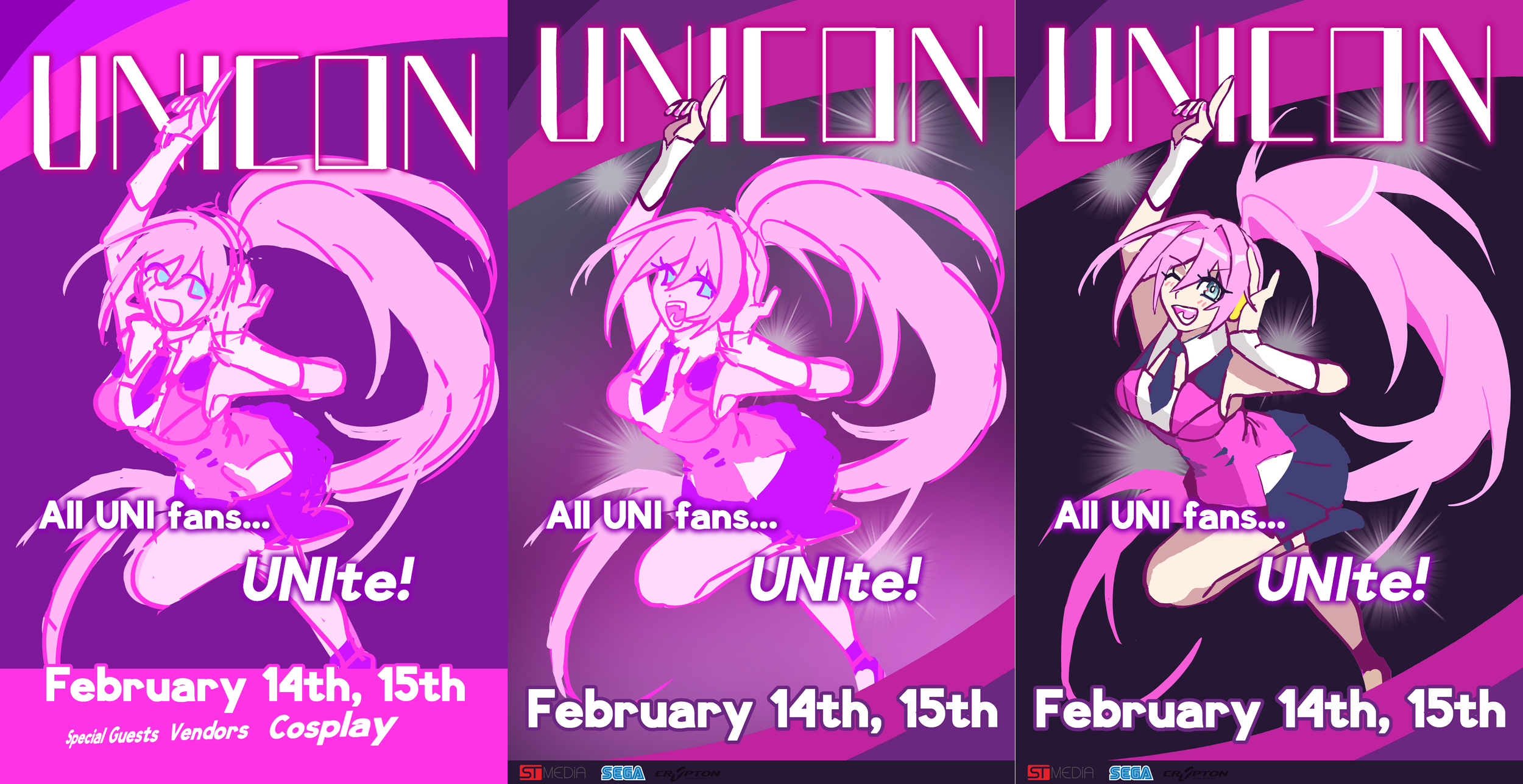 I settled on a dynamic pose that overlaps with the title and has UNI's full body. I decided on this after researching posters for Miku Fest and noticing that  the posters featured Miku as a full-body illustration. I also opened up the bottom of the p