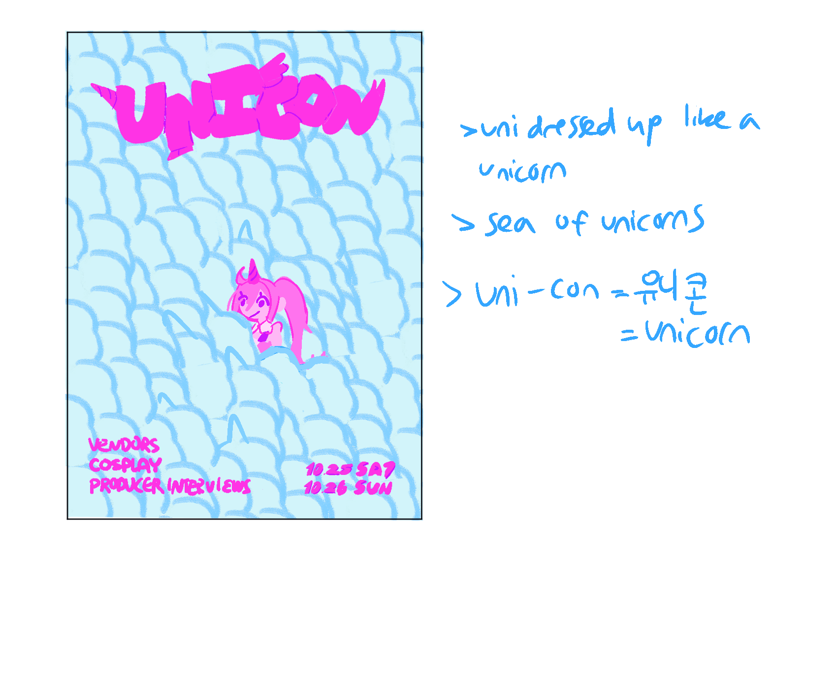 First draft.
The concept was UNI in a sea of con-goers who are all unique in their own way: some would be cosplaying, some would be dressed up, some would be dressed casually, etc. I thought that "UNICON" sounded like "unicorn," and the way the two w