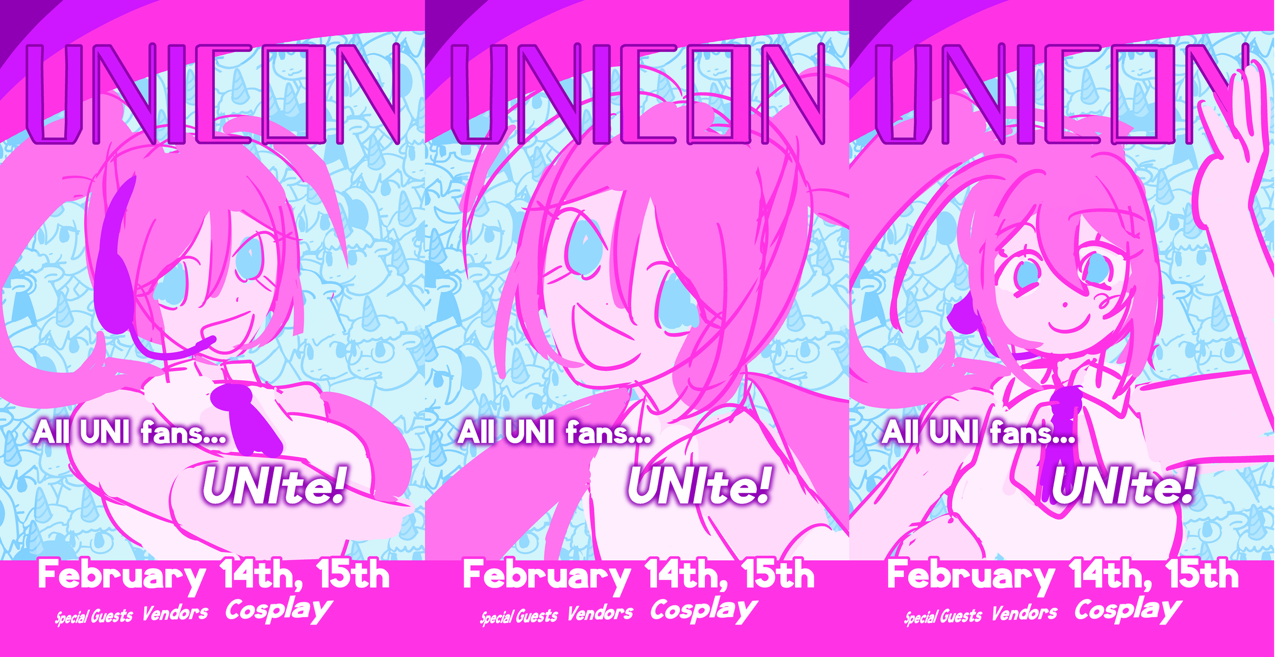 
I decided here to experiment with different poses for UNI in the forefront. I eventually realized I liked her breaking the fourth wall by interacting with the title of the poster. I also began departing from the unicorn concept and changed the typog