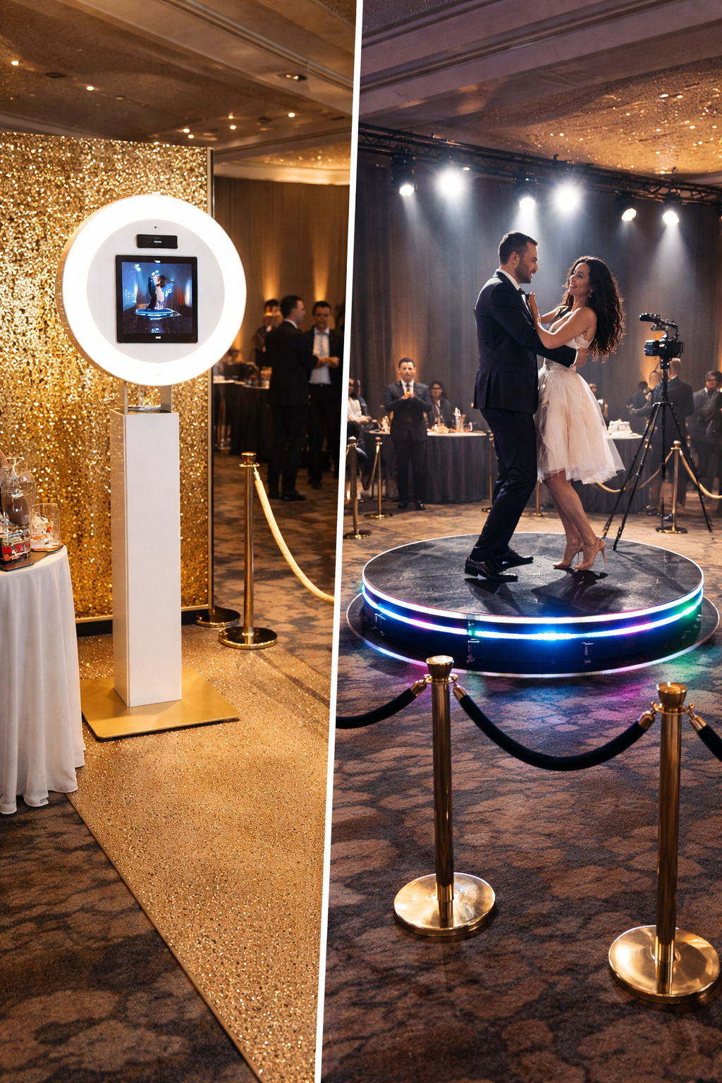 Côté gauche : Un photomaton avec un cercle lumineux et un écran montrant une personne en train de prendre une photo lors d'une fête ou d'un événement. Côté droit : Un couple dansant lors d'une cérémonie ou d'une fête, sur une petite scène ronde avec éclairage lumineux, entouré par des invités et des barrières dorées.