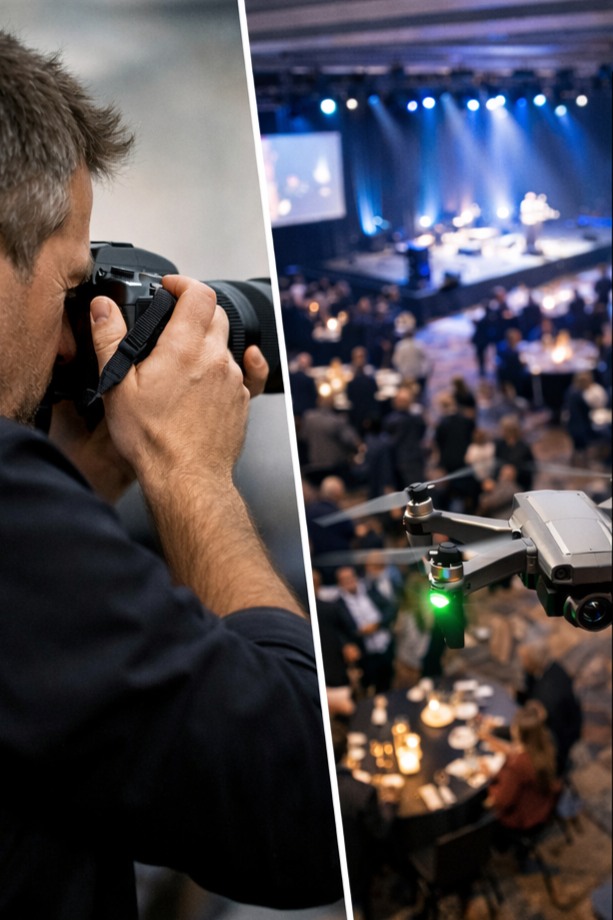 Photographe professionnel photographiant un drone lors d'un événement, avec une scène de conférence ou de spectacle en arrière-plan.