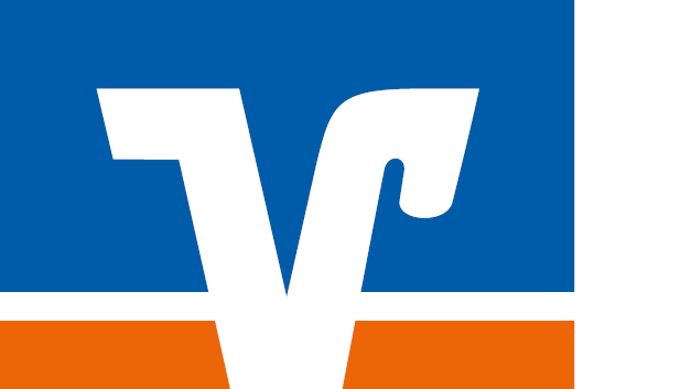 Logo mit blauer, weißer, orange und schwarzer Farbgestaltung