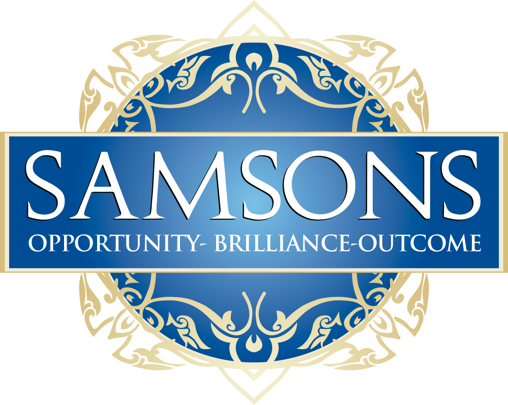 Logo mit dem Schriftzug 'SAMSONS' und den Wörtern 'OPPORTUNITY BRILLIANCE OUTCOME' auf einem blauen Hintergrund mit goldenen dekorativen Mustern.