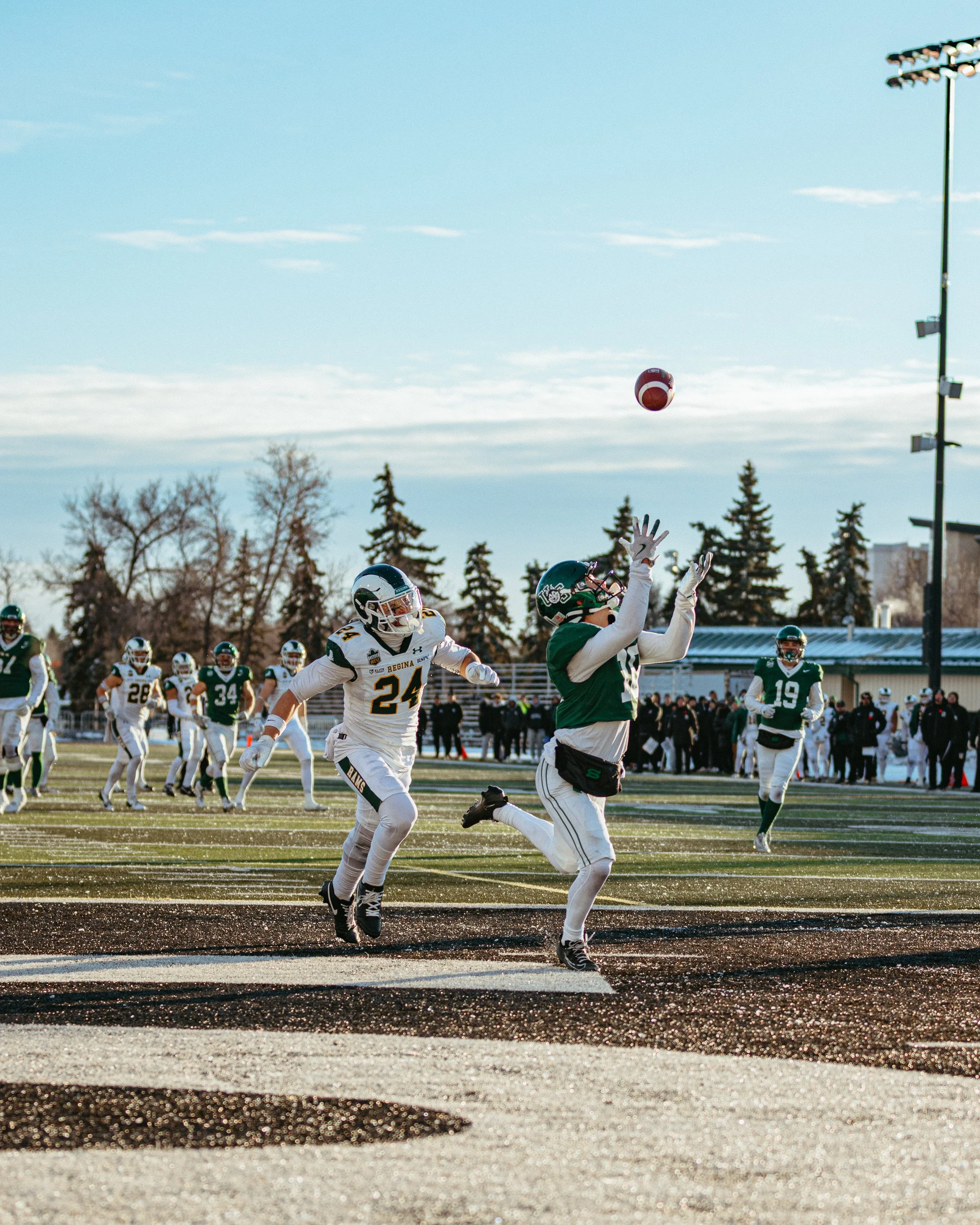 A football game with players in white and green uniforms, one player in green catching a football, others running on a field under a blue sky.