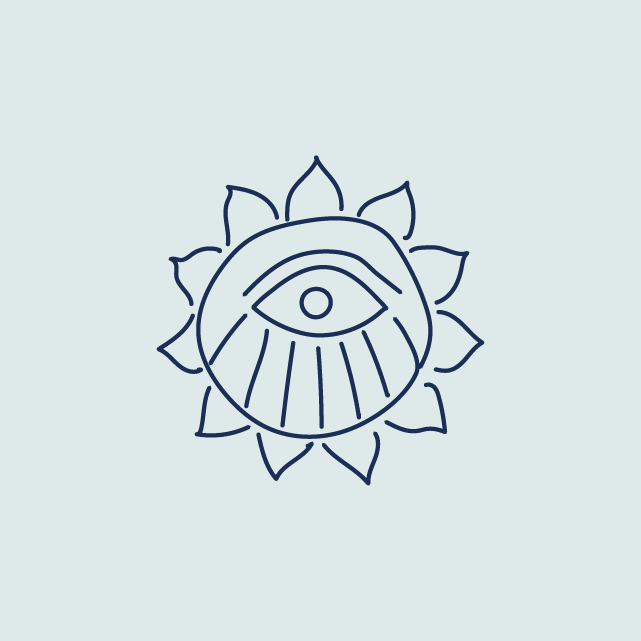 Minimalist line drawing of an eye inside a circular shape with sunray-like lines and a flower petal border.