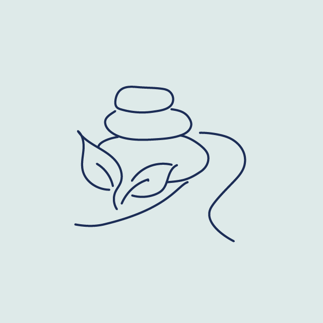 Line drawing of stacked stones, leaves, and a flowing line, suggesting a spa or relaxation theme.