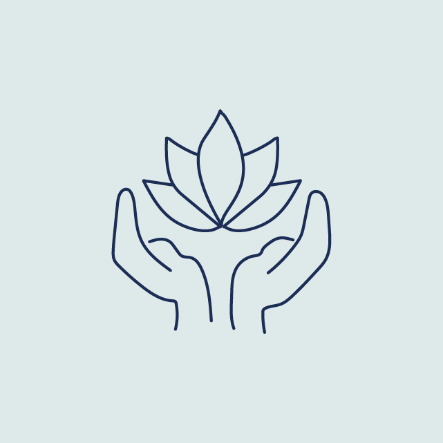 Outline drawing of two hands holding a blooming lotus flower.