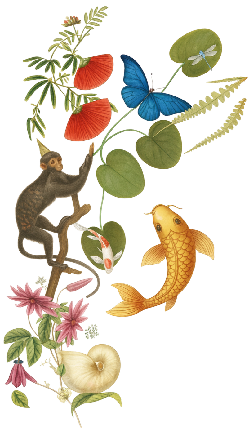 Illustration of a monkey on a branch, surrounded by plants, mushrooms, flowers, and aquatic life including a koi fish, butterflies, dragonfly, and various leaves.