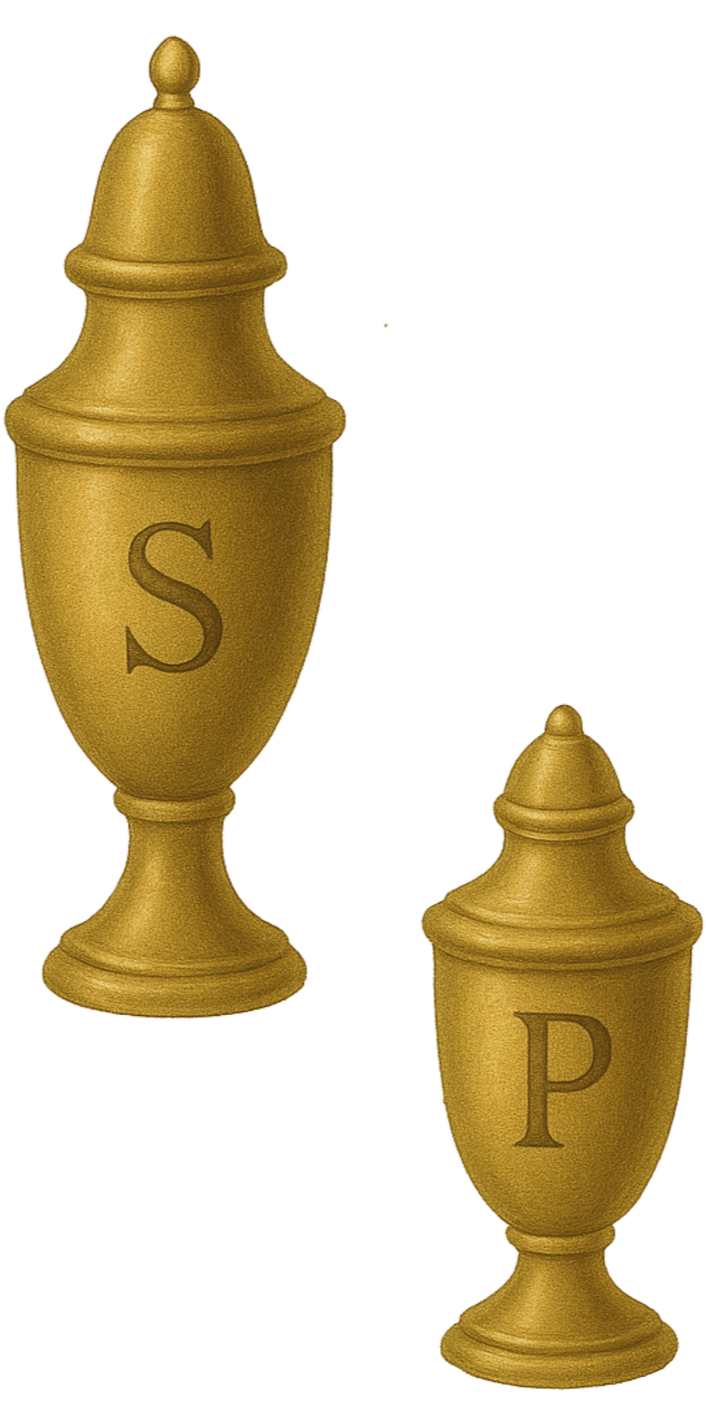 Two gold chess pieces, a king with an 'S' on it and a pawn with a 'P' on it.