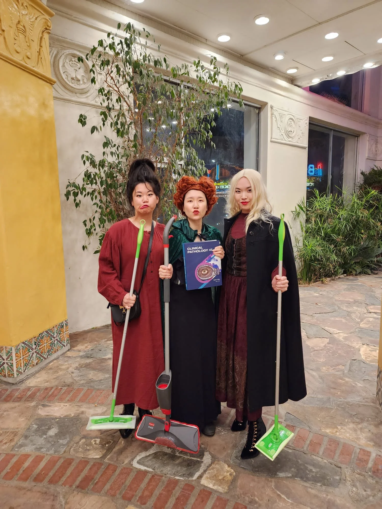 Three women dressed in costumes pose for a photo indoors with cleaning tools. They are holding mops and a clinical pathology book, standing in front of a window with plants outside.