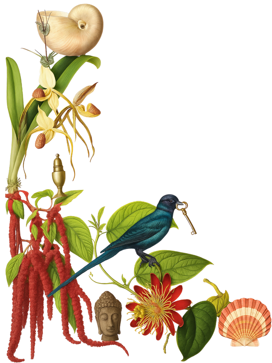 Decorative collage of tropical and Asian-inspired elements, including a nautilus shell, orchids, broad green leaves, red hanging amaranth, a Buddha head, a sunset orange shell, a tropical bird holding a ring in its beak, red and yellow flower, and a small gold urn, set against a mostly transparent background.