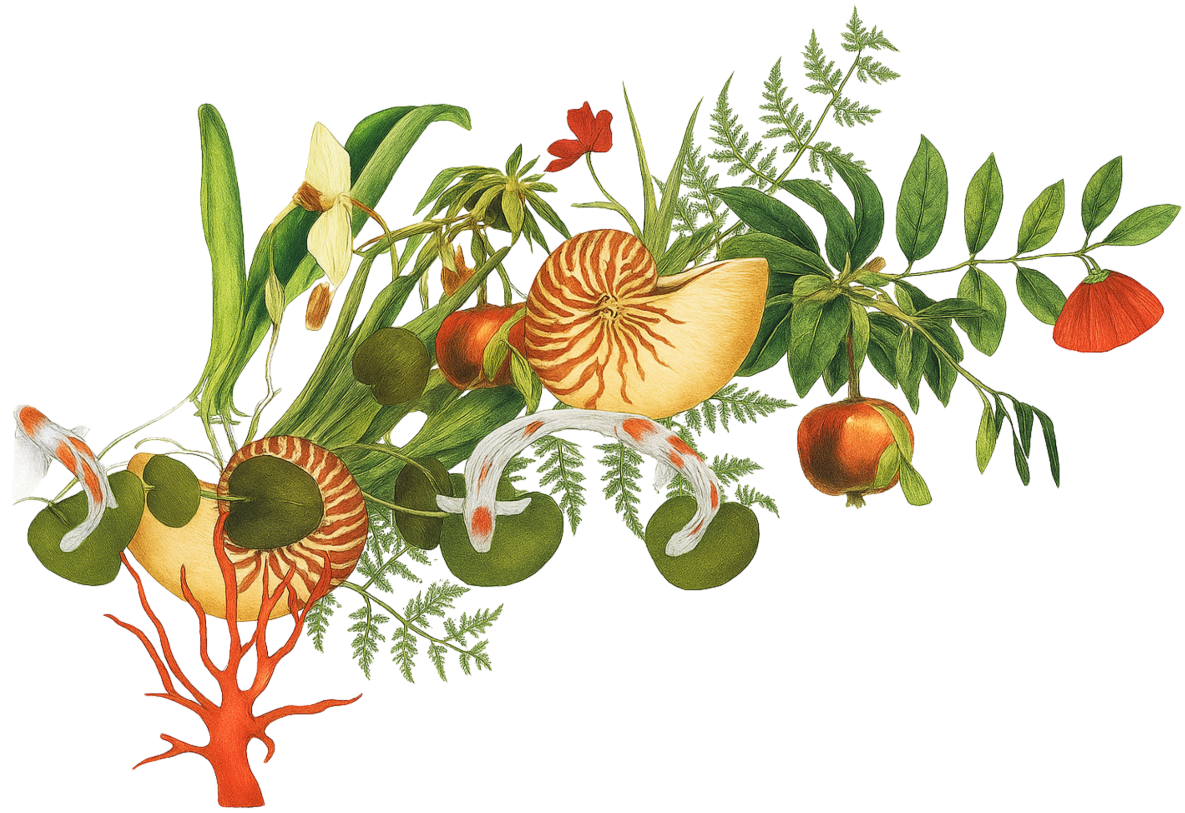 Illustration of interconnected fruits, flowers, and plants, including apples, a pear, a sunflower, a red flower, and various green leaves, with a prominent red-rooted plant at the bottom.