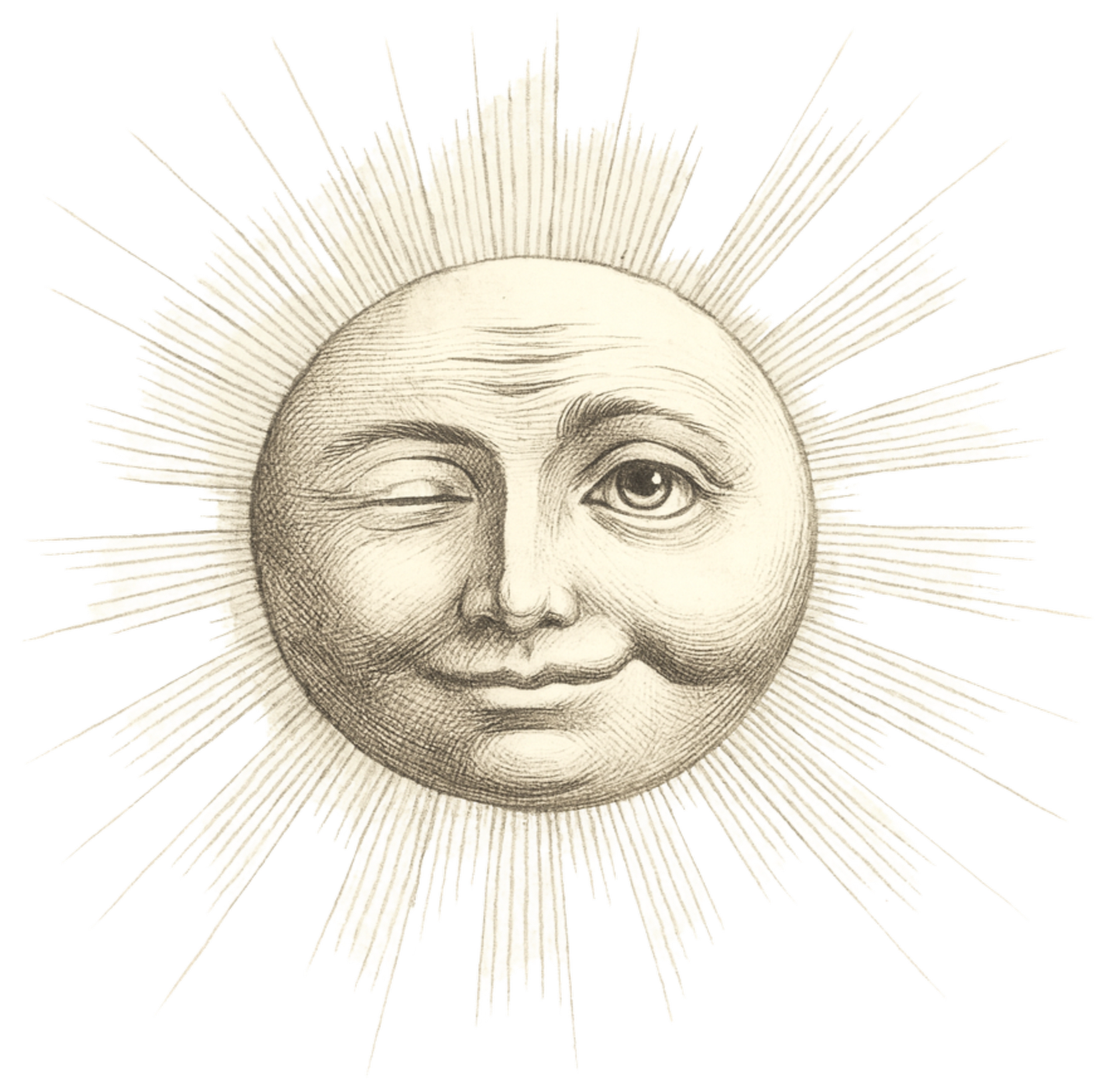 Illustration of a sun with a human face, featuring one eye closed and the other open, with a gentle smile.
