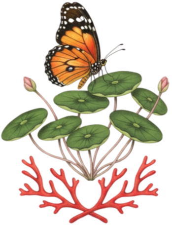 A butterfly perched on green lily pads with pink water lily buds, above red coral-like roots.