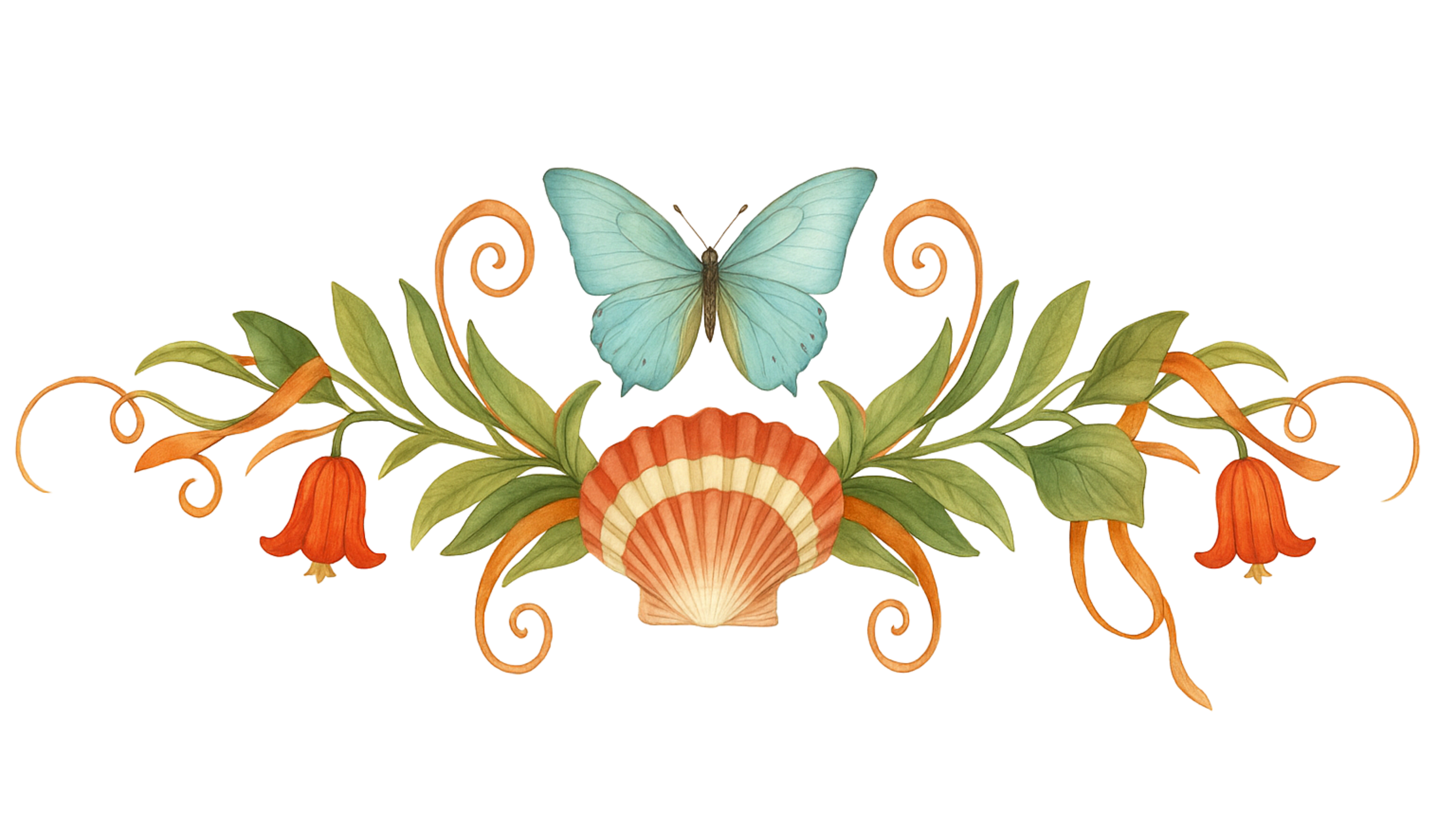 Decorative design with orange bell-shaped flowers, green leaves, a seashell at the bottom center, and a blue butterfly at the top center.